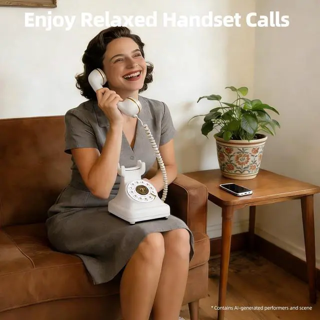 Alt view image 5 of 7 - Vintage Bluetooth Phone, Retro Desk Telephone with Gold Accents, Loud Nostalgic Ringtones, Bluetooth Connects to Smartphone for Home & Office, White