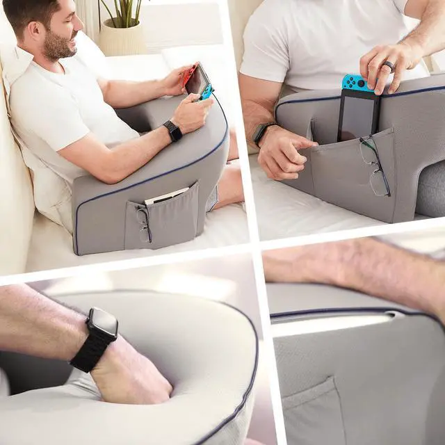 Alt view image 5 of 7 - Soft Lap Desk Pillow for Adult, Extra Large Reading Pillow with Pocket, Arm Rest Pillow, Memory Foam Bed Rest Pillow can Reading, Working in Bed Floor Sofa (Grey)