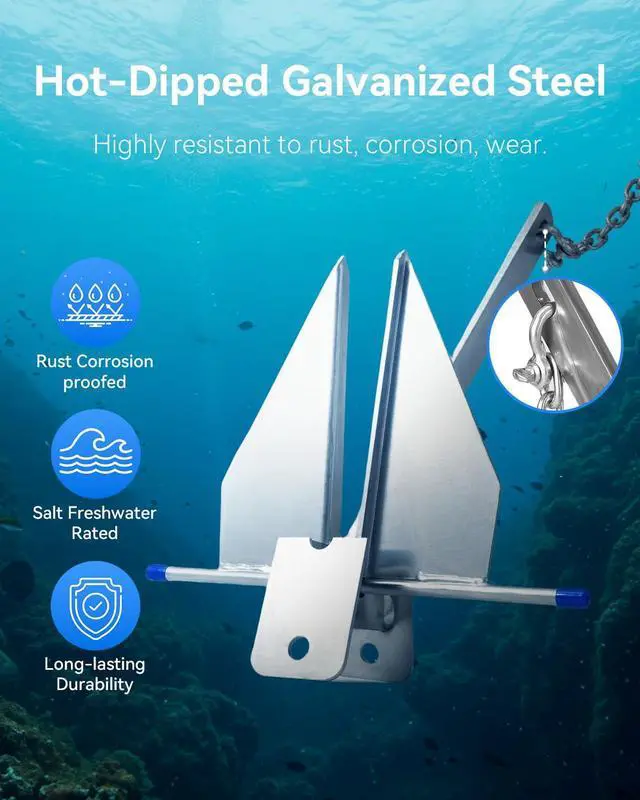 Alt view image 2 of 7 - 5/8/10/13 lb Boat Anchor Kit with Chain, Rope and Shackles | Boat Anchor Kit for 8-16/12-22/16-26/20-32 ft Pontoon, Dinghy, Fishing and Bass Boats