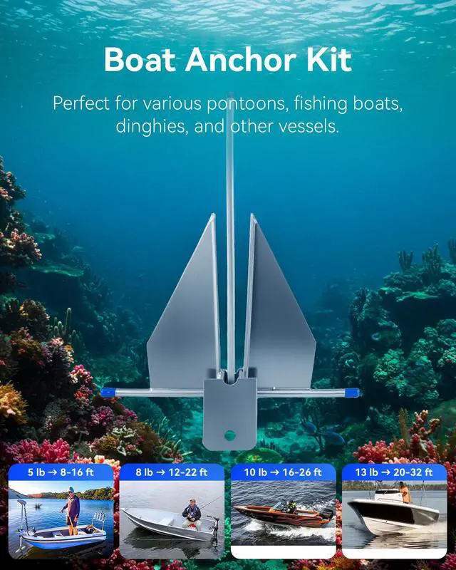 Alt view image 3 of 7 - 5/8/10/13 lb Boat Anchor Kit with Chain, Rope and Shackles | Boat Anchor Kit for 8-16/12-22/16-26/20-32 ft Pontoon, Dinghy, Fishing and Bass Boats
