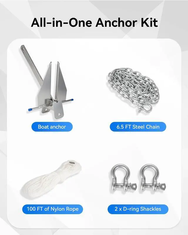 Alt view image 7 of 7 - 5/8/10/13 lb Boat Anchor Kit with Chain, Rope and Shackles | Boat Anchor Kit for 8-16/12-22/16-26/20-32 ft Pontoon, Dinghy, Fishing and Bass Boats