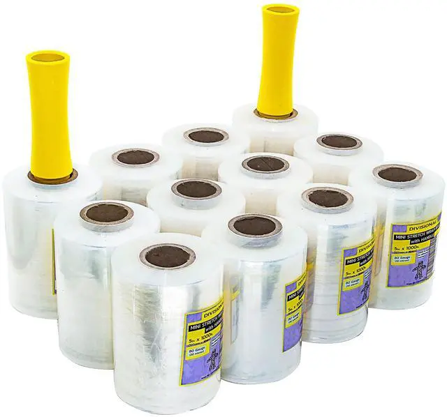 Main image of 12-Pack Mini Stretch Wrap Roll with Handle | 5 inch x 1000ft x 12 pcs | Shrink Wrap Roll | Stretch Wrap for Moving | Plastic Wrap for Moving | Stretch Film Wrap for Moving | 5 inch Stretch Wrap