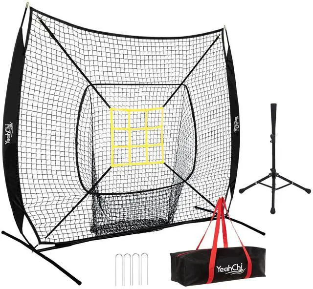 Main image of 7x7 Ft Baseball and Softball Training Net with Batting Tee, Strike Zone Target, Portable Hitting and Pitching Practice Set