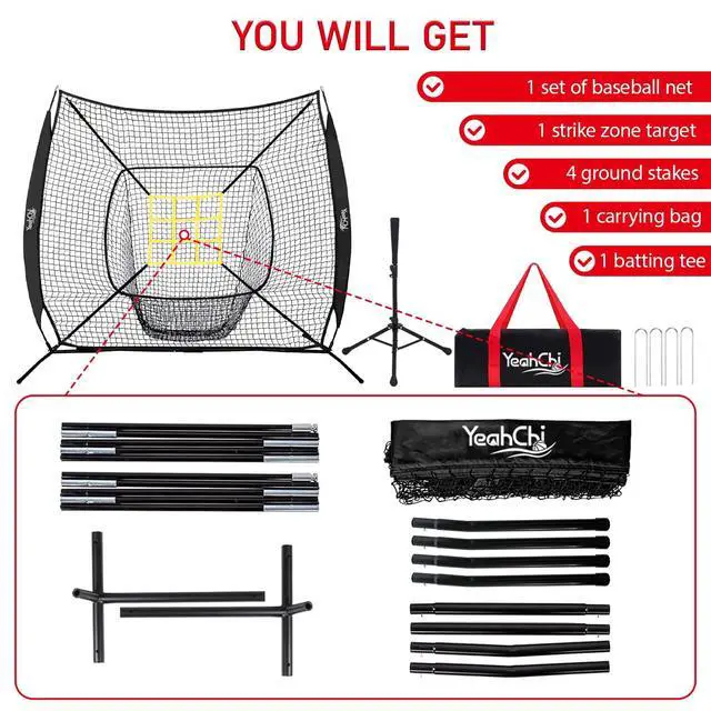 Alt view image 3 of 7 - 7x7 Ft Baseball and Softball Training Net with Batting Tee, Strike Zone Target, Portable Hitting and Pitching Practice Set