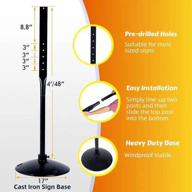 Alt view image 2 of 7 - Heavy Duty Cast Iron Sign Post and Base Kit - 17" DIA Stand with 48" Post and Bolts & Nuts for Hanging Signs, Portable Sign Holder for Parking and Recreational Use