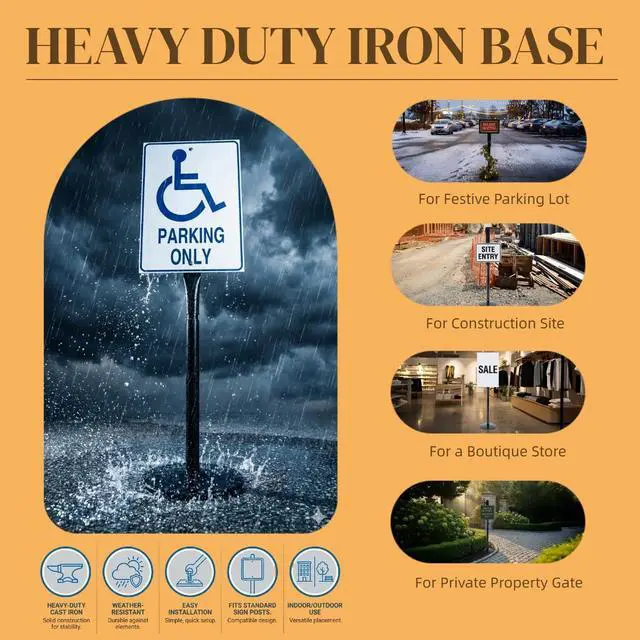 Alt view image 3 of 7 - Heavy Duty Cast Iron Sign Post and Base Kit - 17" DIA Stand with 48" Post and Bolts & Nuts for Hanging Signs, Portable Sign Holder for Parking and Recreational Use