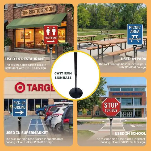 Alt view image 7 of 7 - Heavy Duty Cast Iron Sign Post and Base Kit - 17" DIA Stand with 48" Post and Bolts & Nuts for Hanging Signs, Portable Sign Holder for Parking and Recreational Use
