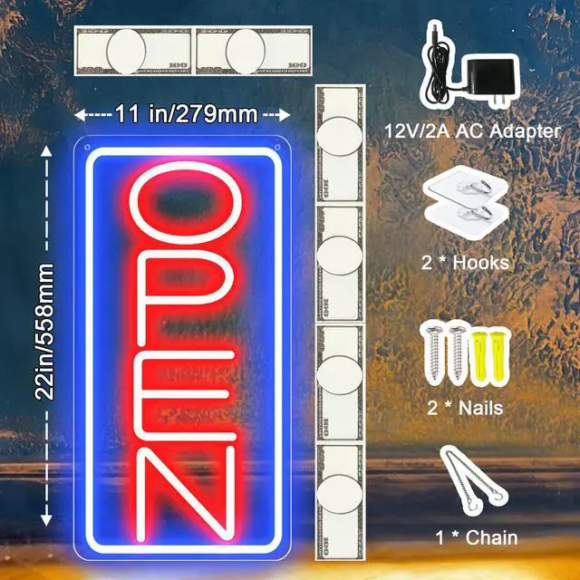 Alt view image 3 of 7 - 22" X 11" Led Neon Open Signs for Business, Large Open Signs, Plug In Electric Light Up with ON/OFF Switch, Ultra Bright Open Sign for Bar Salon Coffee Stores Club Hotel (Vertical)