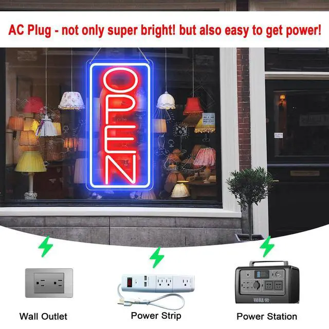 Alt view image 6 of 7 - 22" X 11" Led Neon Open Signs for Business, Large Open Signs, Plug In Electric Light Up with ON/OFF Switch, Ultra Bright Open Sign for Bar Salon Coffee Stores Club Hotel (Vertical)