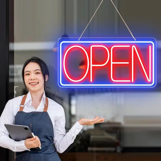 Alt view image 2 of 7 - 22" X 11" Led Neon Open Signs for Business, Large Open Signs, Plug In Electric Light Up with ON/OFF Switch, Ultra Bright Open Sign for Bar Salon Coffee Stores Club Hotel