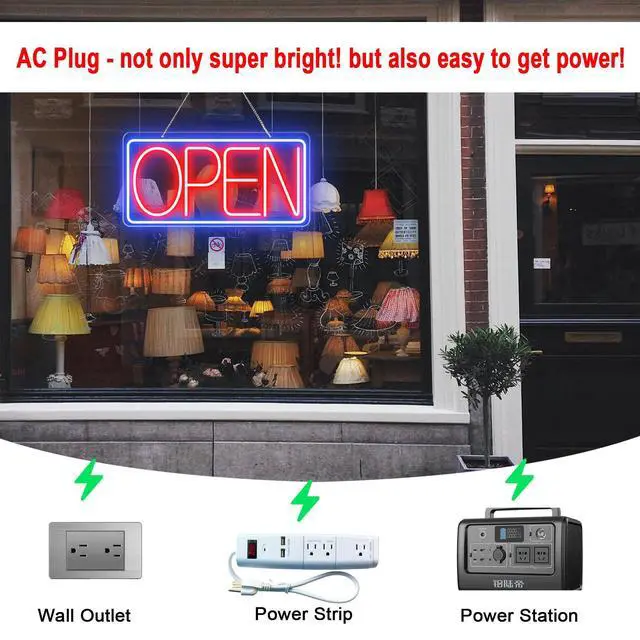 Alt view image 5 of 7 - 22" X 11" Led Neon Open Signs for Business, Large Open Signs, Plug In Electric Light Up with ON/OFF Switch, Ultra Bright Open Sign for Bar Salon Coffee Stores Club Hotel