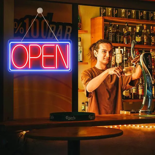Alt view image 6 of 7 - 22" X 11" Led Neon Open Signs for Business, Large Open Signs, Plug In Electric Light Up with ON/OFF Switch, Ultra Bright Open Sign for Bar Salon Coffee Stores Club Hotel