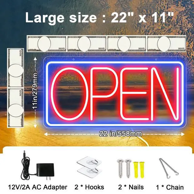 Alt view image 3 of 7 - 22" X 11" Led Neon Open Signs for Business, Large Open Signs, Plug In Electric Light Up with ON/OFF Switch, Ultra Bright Open Sign for Bar Salon Coffee Stores Club Hotel