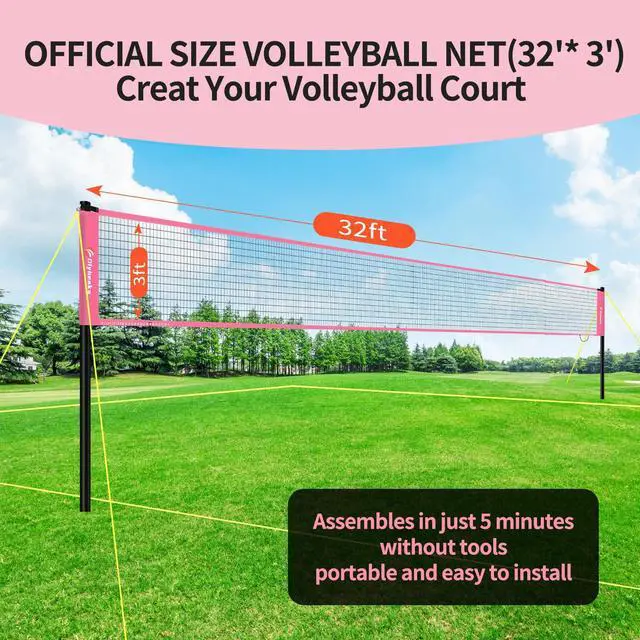 Alt view image 6 of 7 - 32ft Regulation Size Portable Outdoor Volleyball Net Set System for Backyard Beach with Height Adjustable Poles, PU Volleyball and Pump, Carry Bag, Boundary Line - Easy Set Up & Anti-Sagging