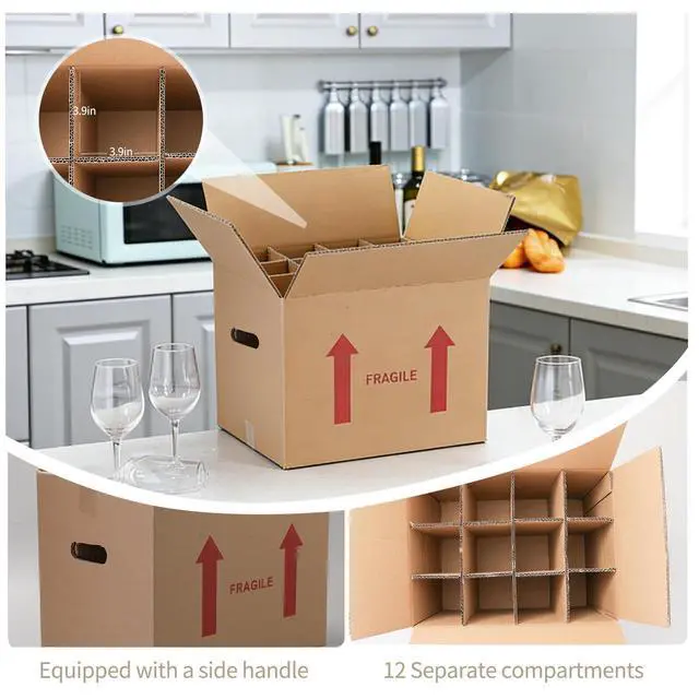 Alt view image 5 of 7 - 4 Sets Wine Bottle Moving Boxes, 16 x 12 x 12 Inch Moving Boxes with Divider Kits, Wine Shipping Box with Reinforced Cardboard & Handles, Glassware Packing Kits with Corrugate Dividers