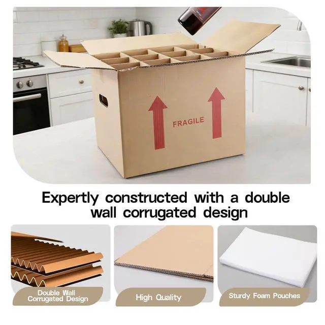 Alt view image 7 of 7 - 4 Sets Wine Bottle Moving Boxes, 16 x 12 x 12 Inch Moving Boxes with Divider Kits, Wine Shipping Box with Reinforced Cardboard & Handles, Glassware Packing Kits with Corrugate Dividers