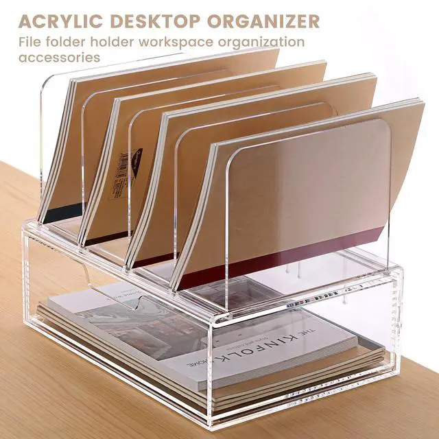 Alt view image 2 of 7 - Desk Organizers and Accessories, Acrylic Desk Organizer with Drawer, Office Supplies Organization Storage, Clear Acrylic File Organizer for Desk - 1 Pack
