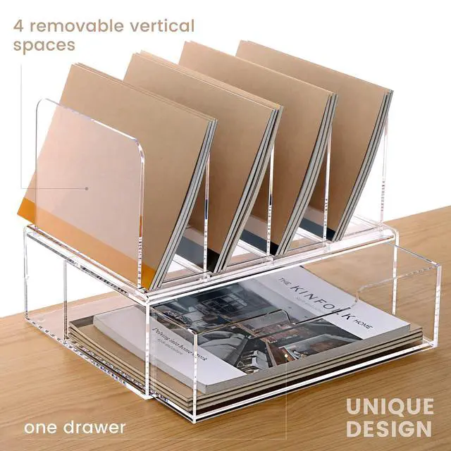 Alt view image 4 of 7 - Desk Organizers and Accessories, Acrylic Desk Organizer with Drawer, Office Supplies Organization Storage, Clear Acrylic File Organizer for Desk - 1 Pack