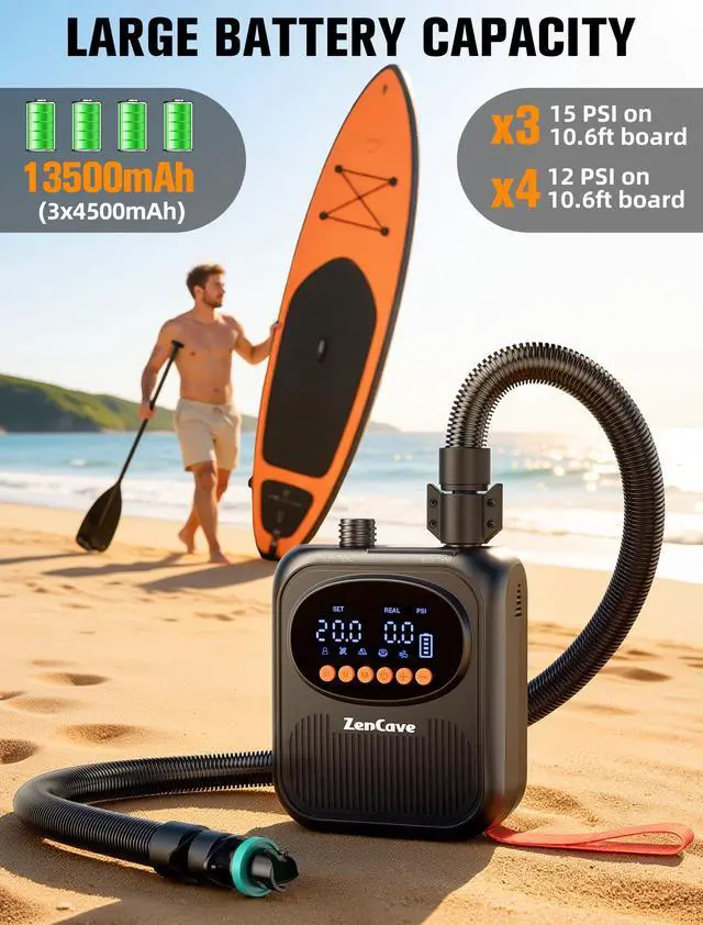Alt view image 2 of 7 - Paddle Board Pump Electric Portable, 20PSI High Pressure SUP Pump | Auto Shut-Off, Rechargeable, 13500mAh Inflates 4 SUPs, Dual-Stage Inflation/Deflation, 12V DC Car Connector for Kayaks, Tents