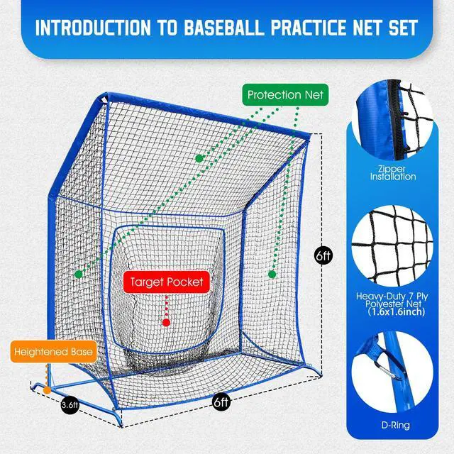 Alt view image 7 of 7 - Baseball Softball Net with Blocking System, Batting Cage Practice Net | All-Around Ball Containment, Heavy-Duty Pre-Assembled Metal Frame, 7-Ply Tear Resistant Net, for Backyard Hitting & Pitching