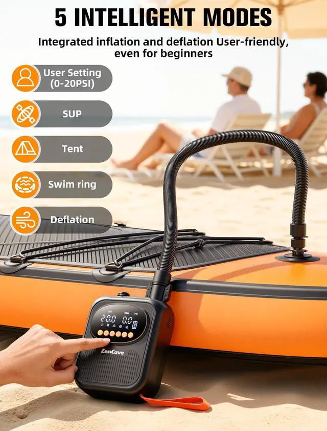 Alt view image 4 of 7 - Paddle Board Pump Electric Portable, 20PSI High Pressure SUP Pump | Auto Shut-Off, Rechargeable, 13500mAh Inflates 4 SUPs, Dual-Stage Inflation/Deflation, 12V DC Car Connector for Kayaks, Tents