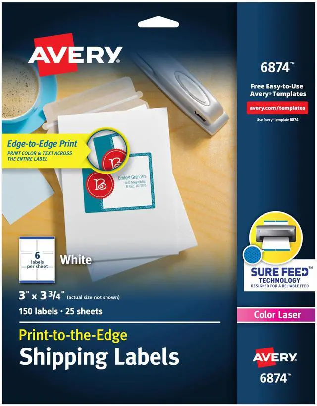 Main image of Print-to-the-Edge Printable Shipping Labels, 3" x 3.75", Matte White, Sure Feed Technology, Laser & Inkjet Printer Compatible, 150 Blank Labels per Pack (5 Packs of 6874)