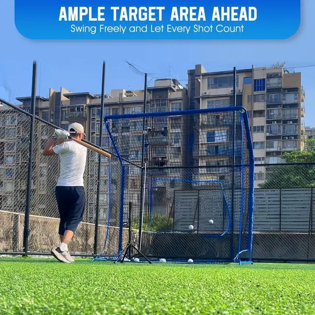 Alt view image 3 of 7 - Baseball Softball Net with Blocking System, Batting Cage Practice Net | All-Around Ball Containment, Heavy-Duty Pre-Assembled Metal Frame, 7-Ply Tear Resistant Net, for Backyard Hitting & Pitching
