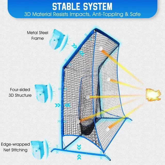 Alt view image 6 of 7 - Baseball Softball Net with Blocking System, Batting Cage Practice Net | All-Around Ball Containment, Heavy-Duty Pre-Assembled Metal Frame, 7-Ply Tear Resistant Net, for Backyard Hitting & Pitching