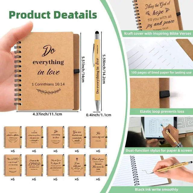 Alt view image 2 of 7 - 120 PCS Bulk Christian Gifts, Prayer Journal for Women & Men, 60 Small Christian Notebooks, 60 Scripture Pens, Inspirational Notebooks for Church, Spiritual Gift for Bible Study, Faith Gift for Church