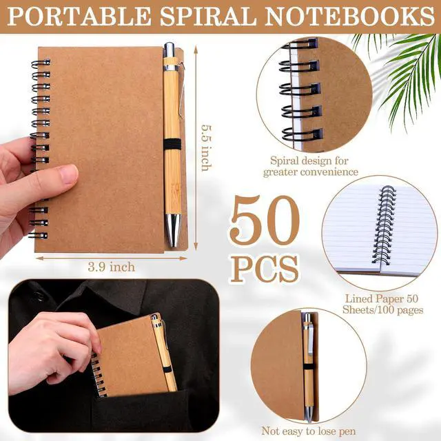 Alt view image 2 of 6 - 50 Set Bulk Notebooks with Pens Employee Appreciation Gifts, Spiral Kraft Pocket Notebooks Lined Journal with Bamboo Pens Personalized Gifts for Teachers Back to School Favors