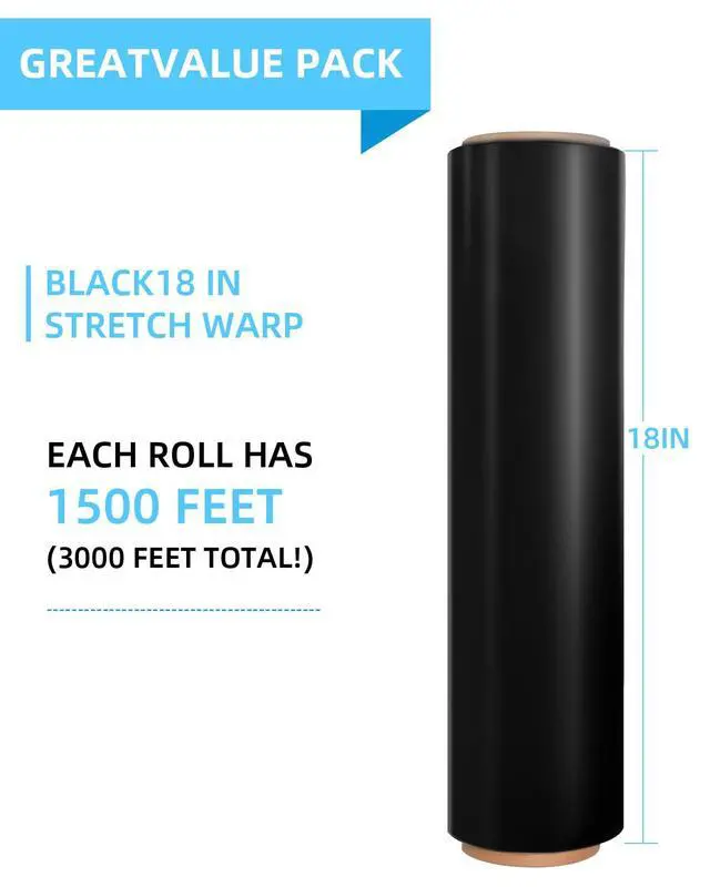 Alt view image 2 of 7 - 18" Black Stretch Wrap Roll, Heavy Duty 18 Inch 1500ft Shrink Wrap, 4 Pack | Industrial Strength, 80 Gauge Stretch Film, Self-Adhesive Cling, Plastic Wrap for Pallet Wrapping Shipping Moving Furniture