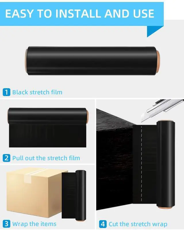 Alt view image 5 of 7 - 18" Black Stretch Wrap Roll, Heavy Duty 18 Inch 1500ft Shrink Wrap, 4 Pack | Industrial Strength, 80 Gauge Stretch Film, Self-Adhesive Cling, Plastic Wrap for Pallet Wrapping Shipping Moving Furniture