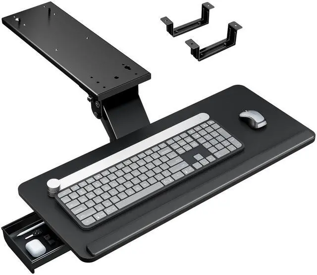 Main image of Keyboard Tray Under Desk Slide Out, 25 x 11 inch, Black | with Storage Drawer, Height Adjustable Swivel Tilt, Ergonomic Under Desk Mount Keyboard & Mouse Holder for Gaming Home Office