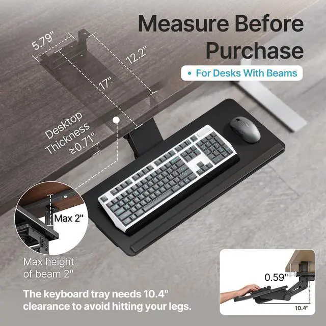 Alt view image 2 of 7 - Keyboard Tray Under Desk Slide Out, 25 x 11 inch, Black | with Storage Drawer, Height Adjustable Swivel Tilt, Ergonomic Under Desk Mount Keyboard & Mouse Holder for Gaming Home Office