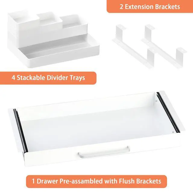 Alt view image 3 of 7 - Under Desk Drawer White 21" with 4 Divider Trays, Under Shelf Pencil Drawer Pull-out, Standing Desk Metal Storage Attachment Slide Out for Workbench