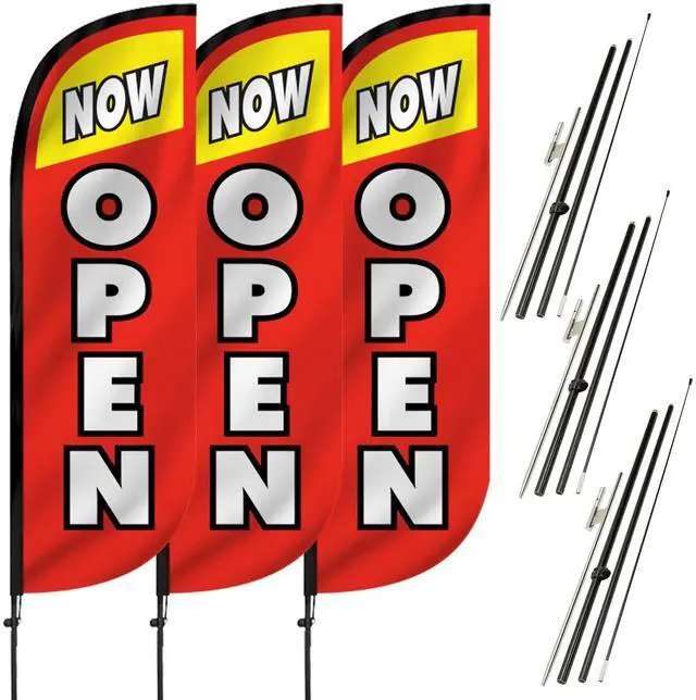 Main image of Feather Flag Pole Kit 3-Pack Bundle - 7ft Tall Grand Opening Advertising Banners with Poles and Ground Spikes - Now Open Red & Yellow