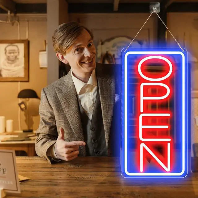 Alt view image 4 of 7 - 22" X 11" Led Neon Open Signs for Business, Large Open Signs, Plug In Electric Light Up with ON/OFF Switch, Ultra Bright Open Sign for Bar Salon Coffee Stores Club Hotel (Vertical)