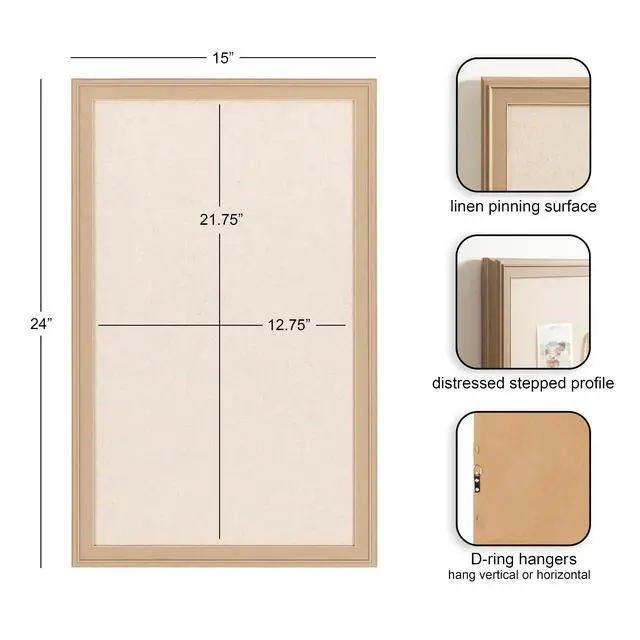 Alt view image 2 of 7 - Oakhurst Rectangle Framed Linen Fabric Pinboard, 15 x 24, Light Tan, Traditional Bulletin Board with Stepped Profile for Motivational Vision Board or Wall Organization
