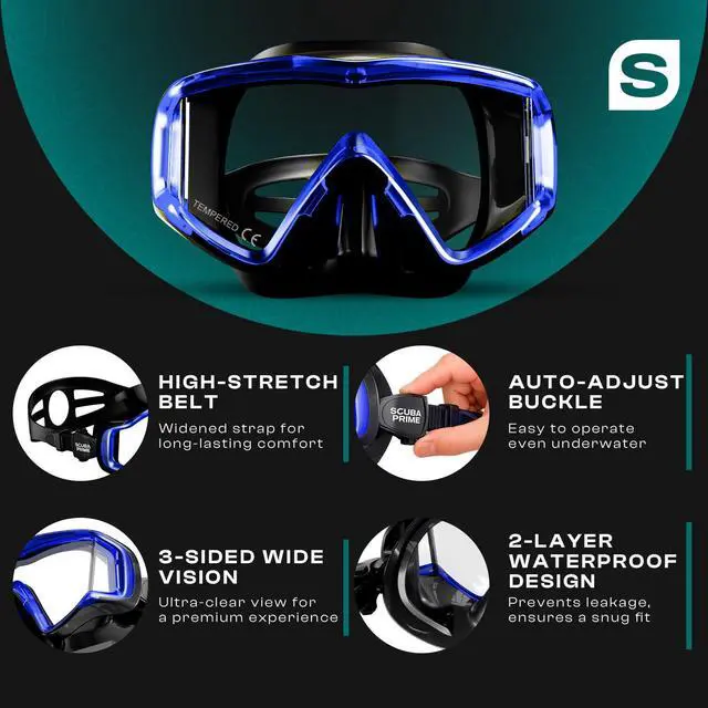 Alt view image 6 of 7 - Pano 3 180° Panoramic Dive Mask, Three-Window Tempered Glass Scuba Mask with Dry Top Snorkel, Dual-Layer Silicone Skirt Anti-Leak Diving Gear for Men Women Teens Adults, 4 Color Options