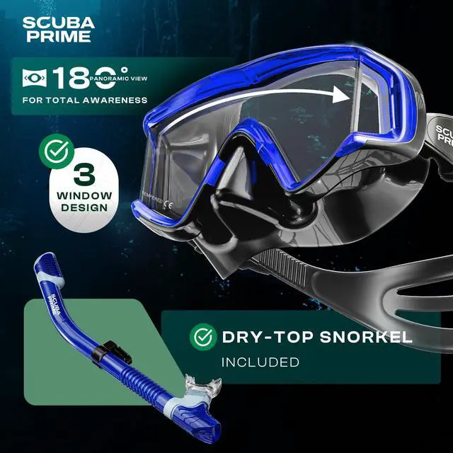 Alt view image 3 of 7 - Pano 3 180° Panoramic Dive Mask, Three-Window Tempered Glass Scuba Mask with Dry Top Snorkel, Dual-Layer Silicone Skirt Anti-Leak Diving Gear for Men Women Teens Adults, 4 Color Options