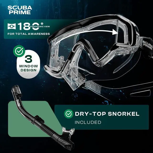 Alt view image 3 of 7 - Pano 3 180° Panoramic Dive Mask, Three-Window Tempered Glass Scuba Mask with Dry Top Snorkel, Dual-Layer Silicone Skirt Anti-Leak Diving Gear for Men Women Teens Adults, 4 Color Options