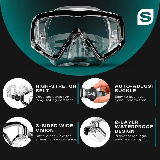 Alt view image 6 of 7 - Pano 3 180° Panoramic Dive Mask, Three-Window Tempered Glass Scuba Mask with Dry Top Snorkel, Dual-Layer Silicone Skirt Anti-Leak Diving Gear for Men Women Teens Adults, 4 Color Options