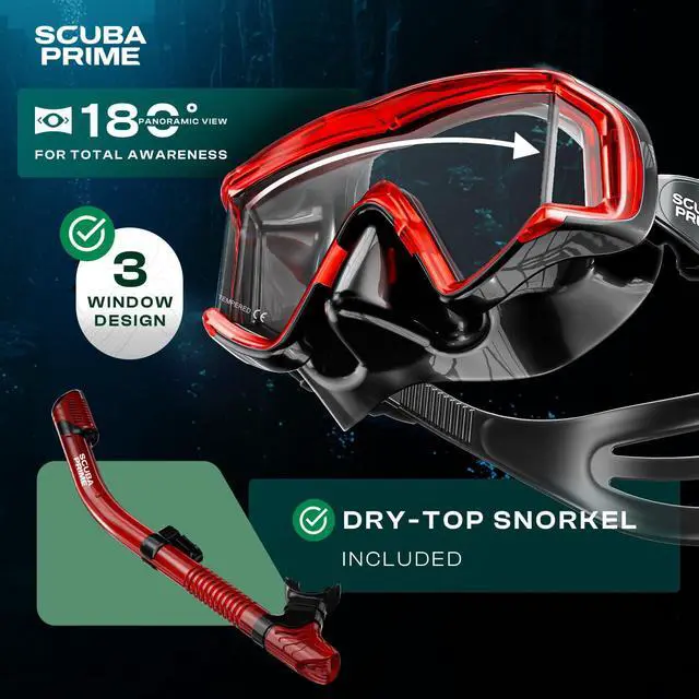 Alt view image 3 of 6 - Pano 3 180° Panoramic Dive Mask, Three-Window Tempered Glass Scuba Mask with Dry Top Snorkel, Dual-Layer Silicone Skirt Anti-Leak Diving Gear for Men Women Teens Adults, 4 Color Options