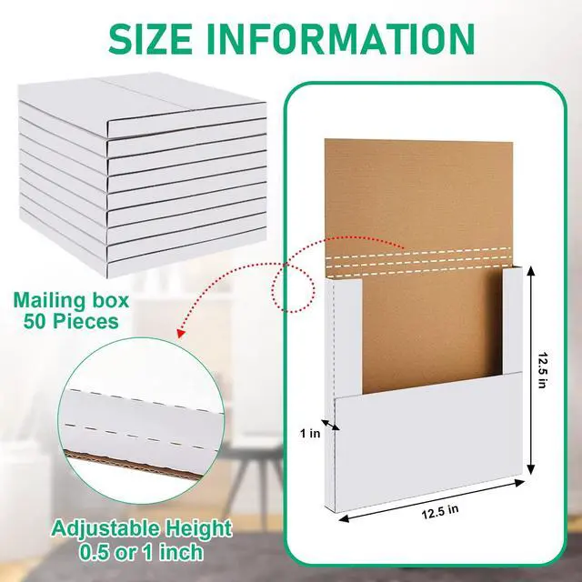 Alt view image 2 of 7 - 50 Pack Vinyl Record Shipping Boxes: 12.5" X 12.5" x 1" White Vinyl Record LP Shipping Mailer Boxes, Easy Fold LP Cardboard Mailing Boxes Multi Depth Album Mailers for Packaging Moving Storage
