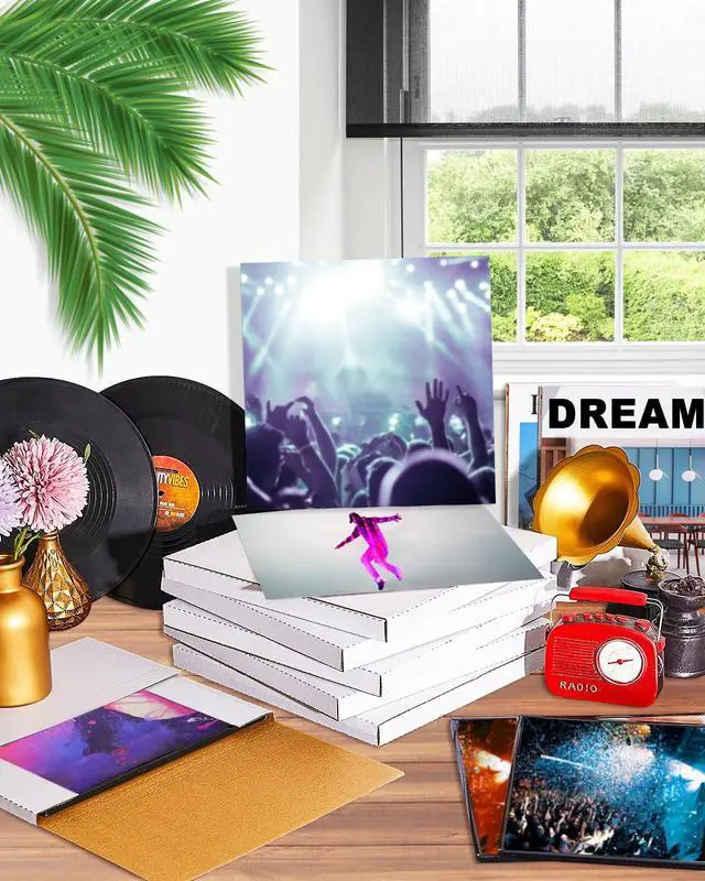 Alt view image 7 of 7 - 50 Pack Vinyl Record Shipping Boxes: 12.5" X 12.5" x 1" White Vinyl Record LP Shipping Mailer Boxes, Easy Fold LP Cardboard Mailing Boxes Multi Depth Album Mailers for Packaging Moving Storage