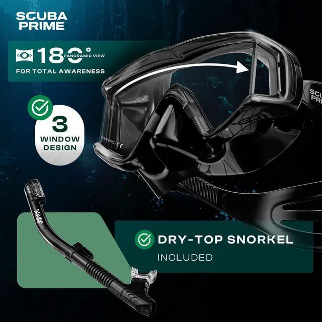 Alt view image 3 of 7 - Pano 3 180° Panoramic Dive Mask, Three-Window Tempered Glass Scuba Mask with Dry Top Snorkel, Dual-Layer Silicone Skirt Anti-Leak Diving Gear for Men Women Teens Adults, 4 Color Options