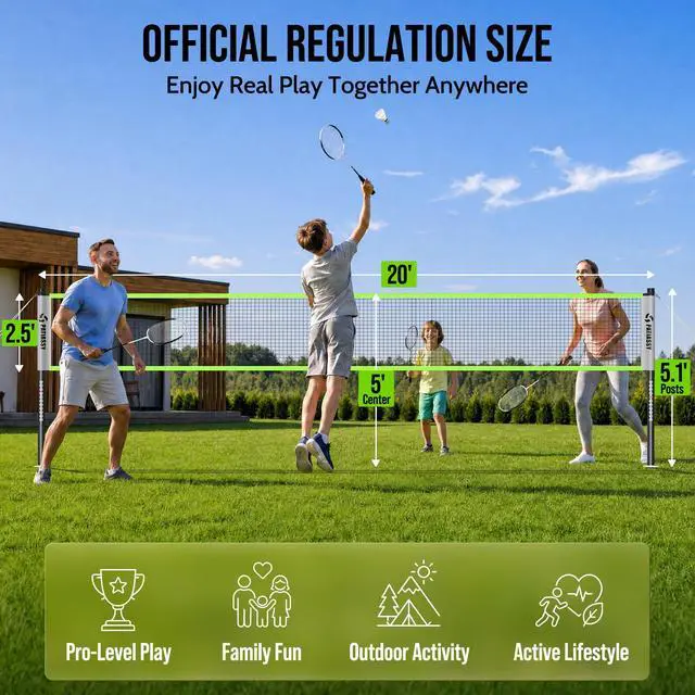 Alt view image 2 of 7 - Badminton Set for Backyard, Outdoor Badminton Net with Anti-Sag Design, 4 Professional Badminton Rackets, 4 Shuttlecocks and Carry Bag for Lawn or Beach