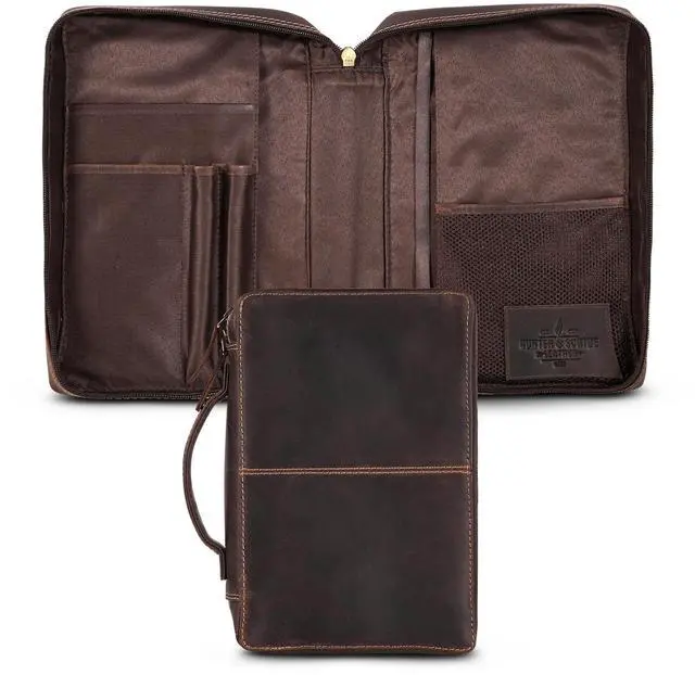 Main image of Bible Covers for Men and Women - Top Grain Buffalo Leather - Genuine Leather Bible Cover with Pockets, Zipper, and Bookmark - Bible case - Book Cover - Large Dark Brown