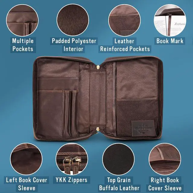 Alt view image 2 of 6 - Bible Covers for Men and Women - Top Grain Buffalo Leather - Genuine Leather Bible Cover with Pockets, Zipper, and Bookmark - Bible case - Book Cover - Large Dark Brown