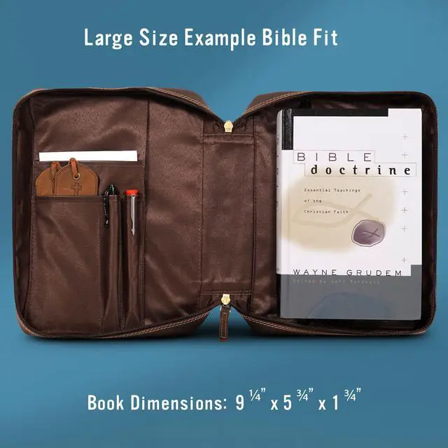 Alt view image 5 of 6 - Bible Covers for Men and Women - Top Grain Buffalo Leather - Genuine Leather Bible Cover with Pockets, Zipper, and Bookmark - Bible case - Book Cover - Large Dark Brown